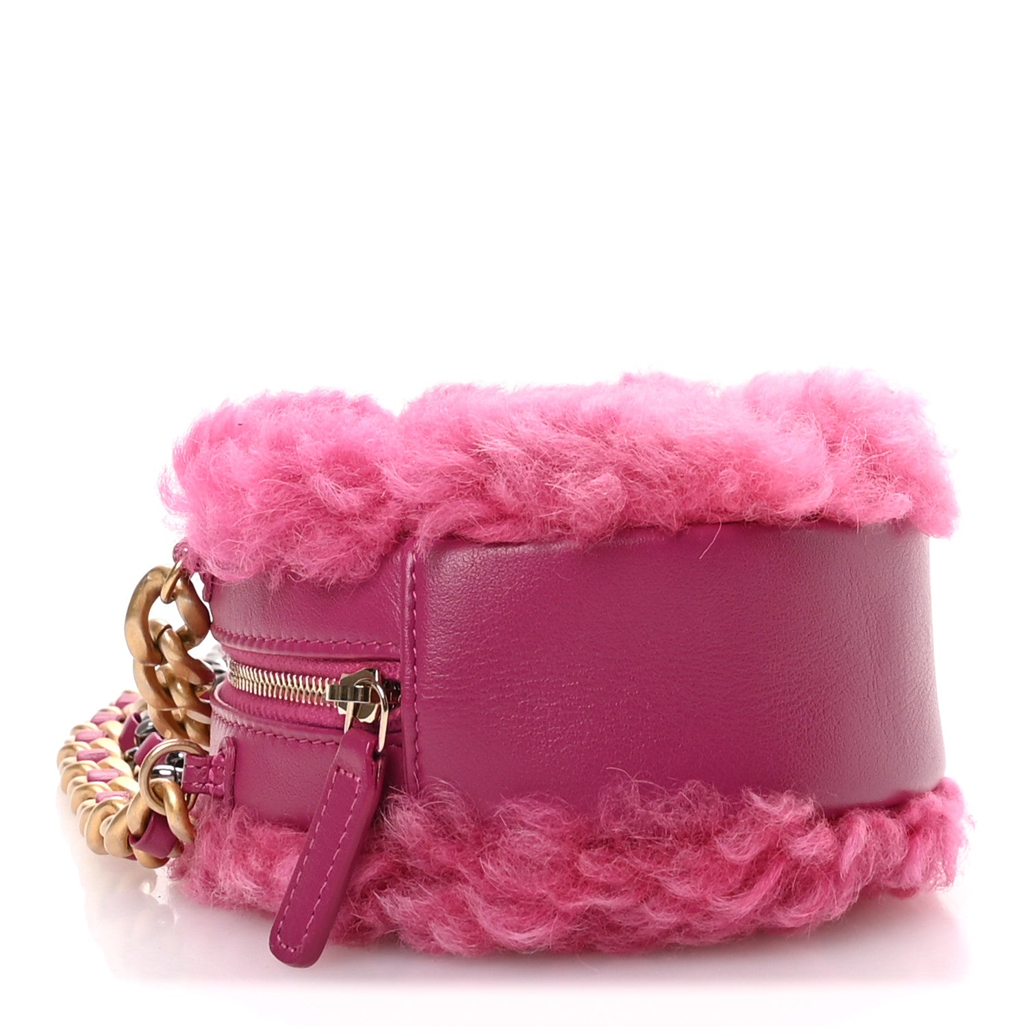 Shearling Sheepskin Chanel 19 Round Clutch With Chain Dark Pink