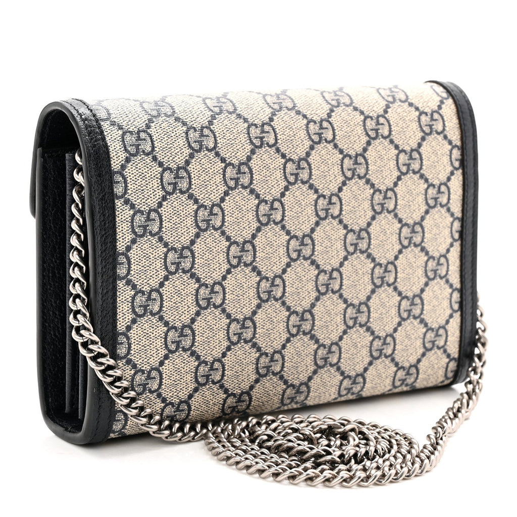 GG Supreme Monogram Textured Dollar Calfskin Mini Dionysus Chain Wallet Beige Blue