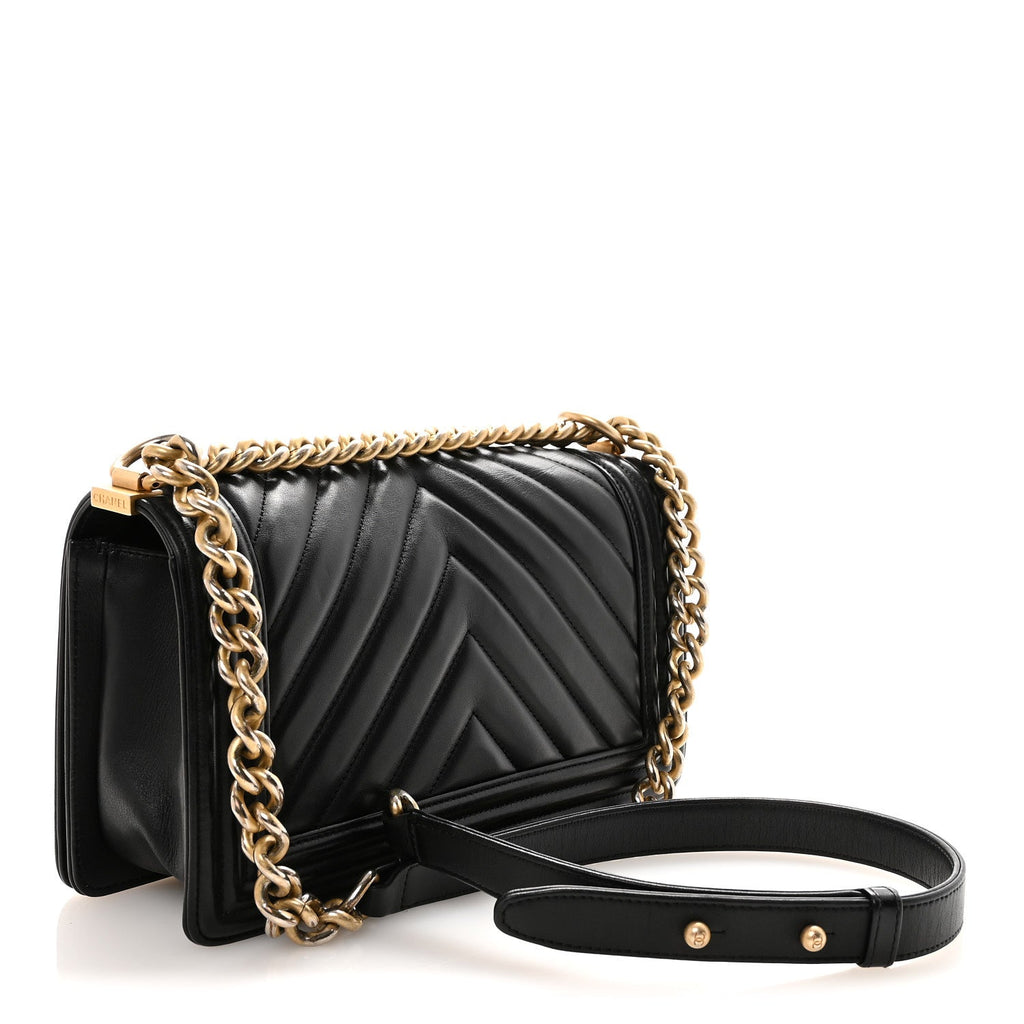 Lambskin Chevron Quilted Medium Boy Flap Black