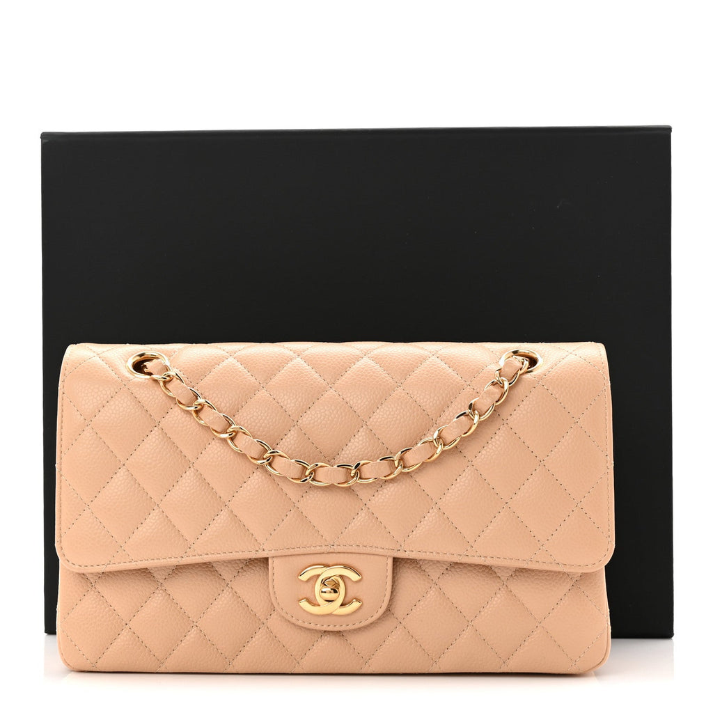 Caviar Quilted Medium Double Flap Beige