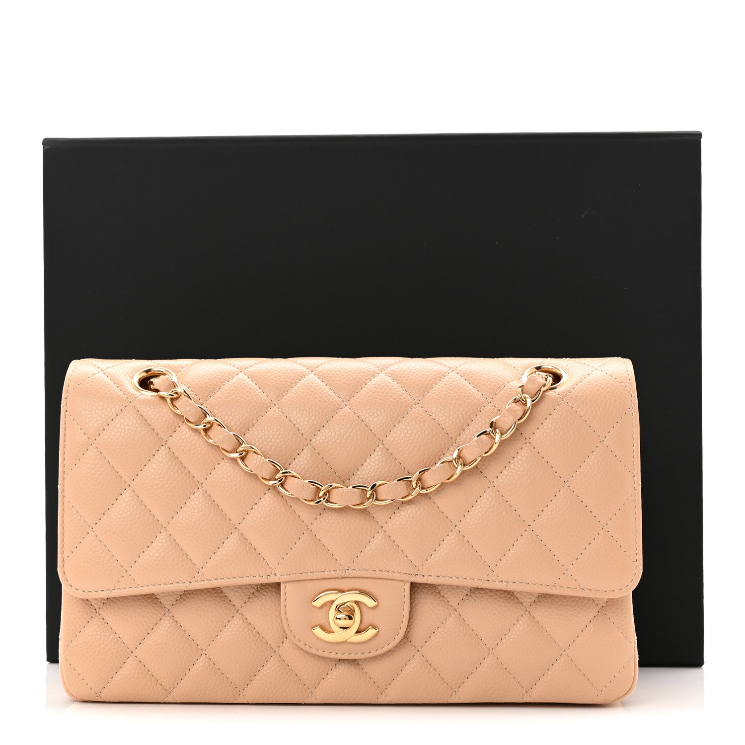 Caviar Quilted Medium Double Flap Beige