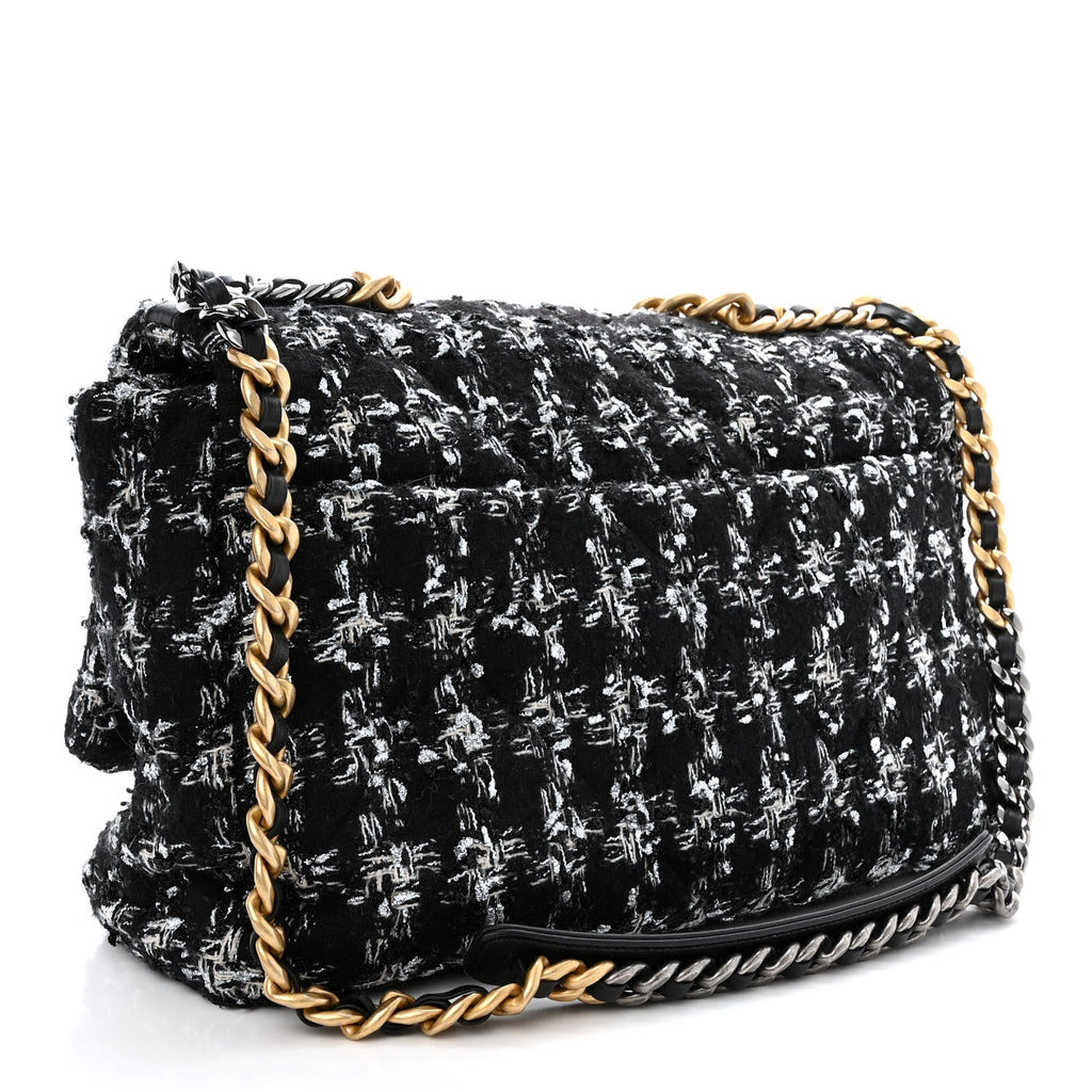 Tweed Quilted Maxi Chanel 19 Flap Black Silver Ecru