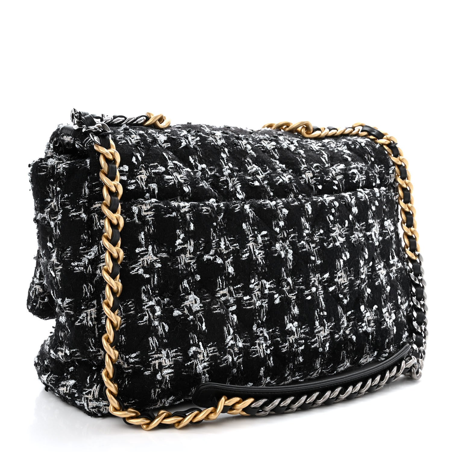 Tweed Quilted Maxi Chanel 19 Flap Black Silver Ecru