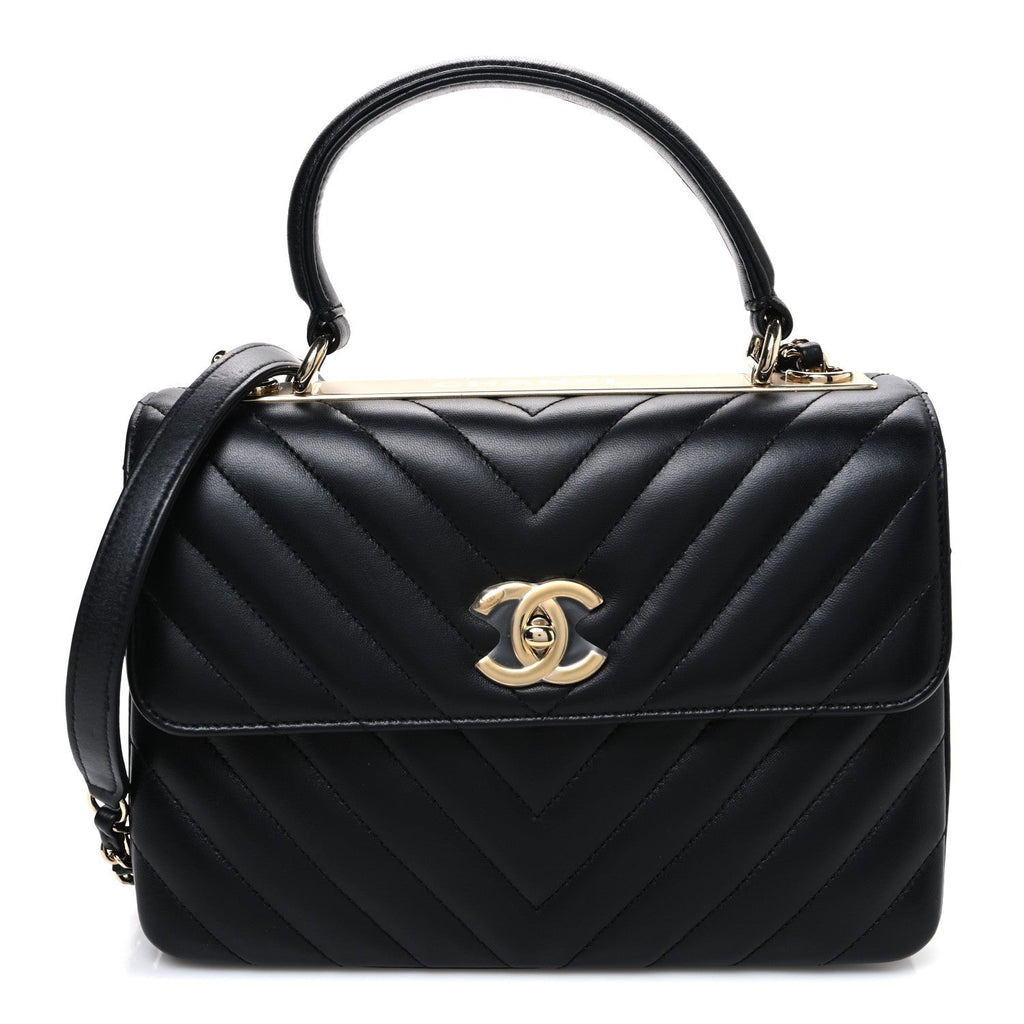 Lambskin Chevron Quilted Small Trendy CC Flap Dual Handle Bag Black