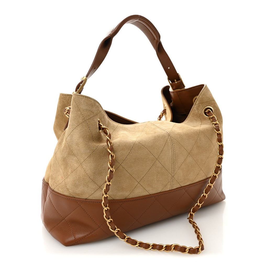 Suede Calfskin Shiny Lambskin Quilted Small Coco Base Shopping Bag Beige Brown