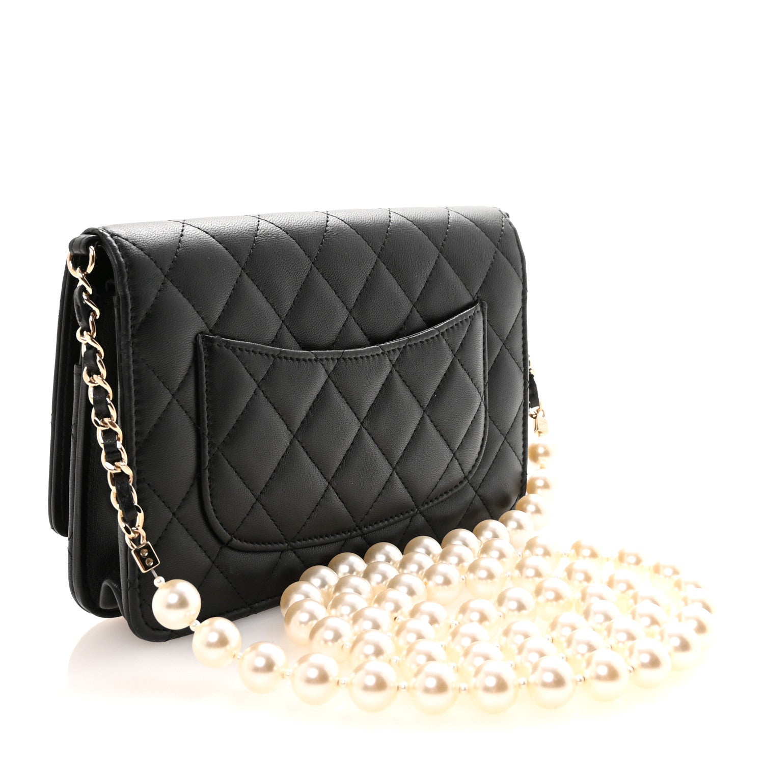 Lambskin Quilted Pearl Wallet On Chain WOC Black