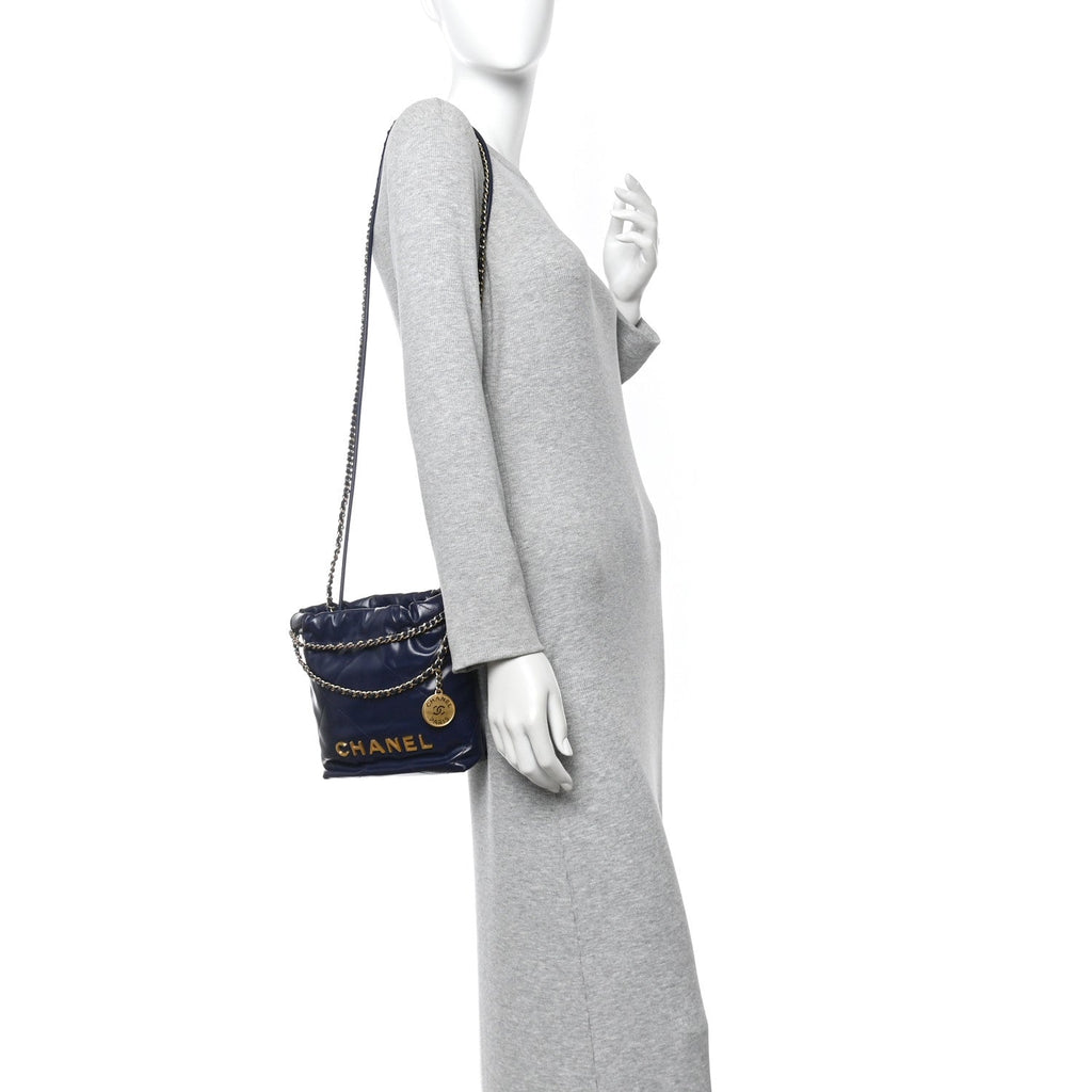 Shiny Calfskin Quilted Mini Chanel 22 Navy Blue