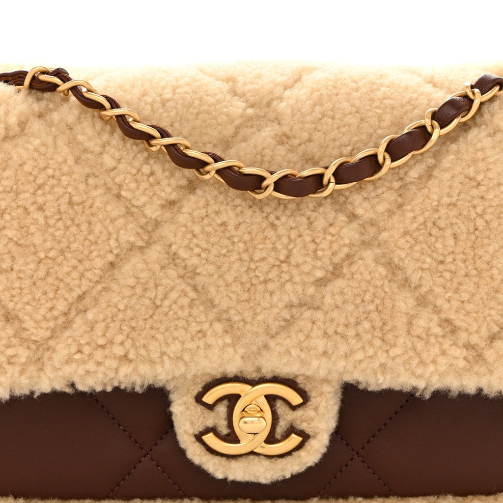 Shearling Lambskin Quilted Furry Coco Flap Dark Brown Beige