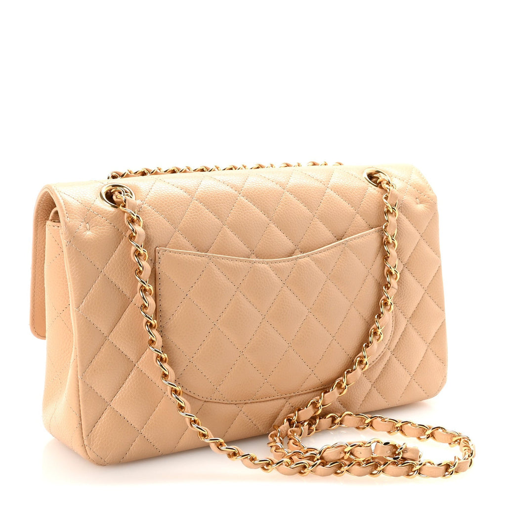 Caviar Quilted Medium Double Flap Beige