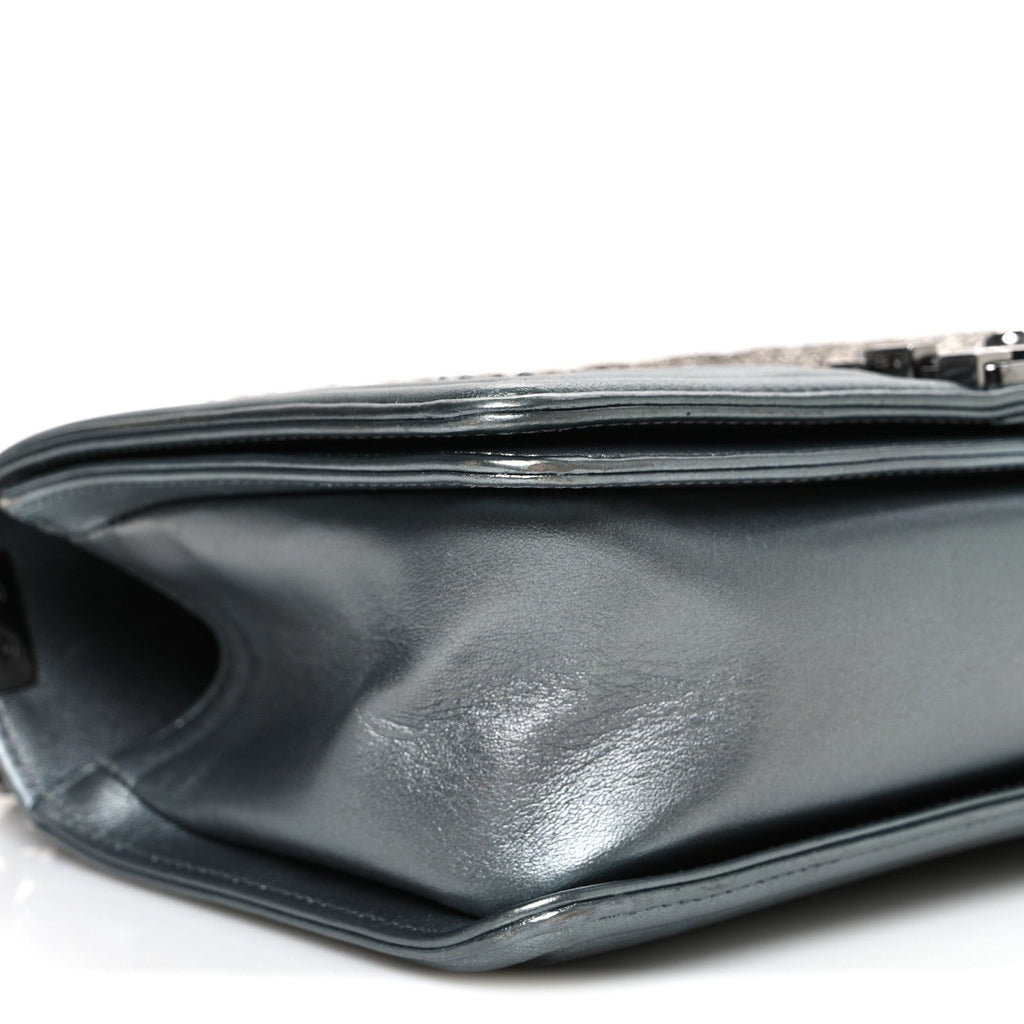 Metallic Lambskin Glass Pearl Embroidered Medium Boy Flap  Silver