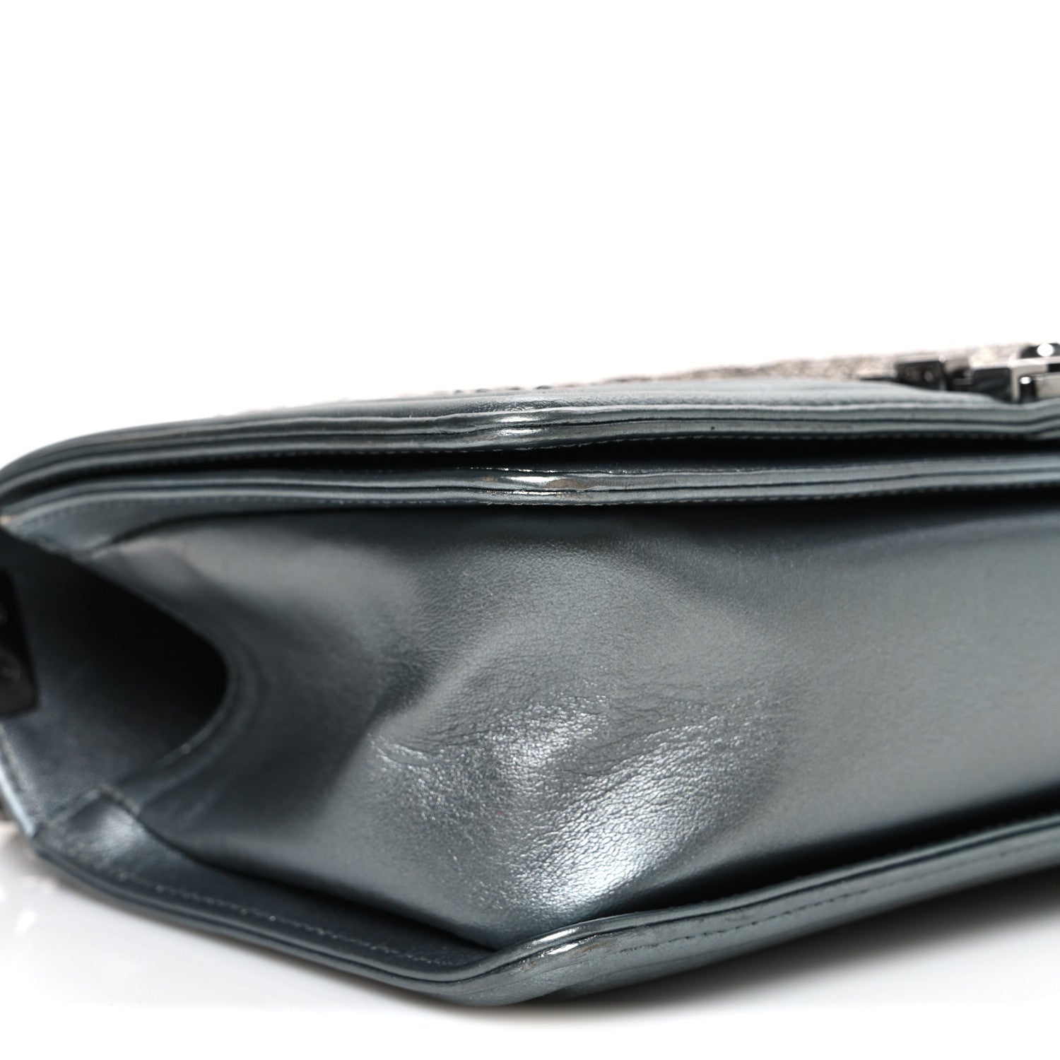 Metallic Lambskin Glass Pearl Embroidered Medium Boy Flap  Silver