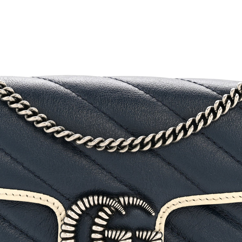Vintage Effect Calfskin Matelasse Diagonal Super Mini Torchon GG Marmont Shoulder Bag Blue Agata Mystic White