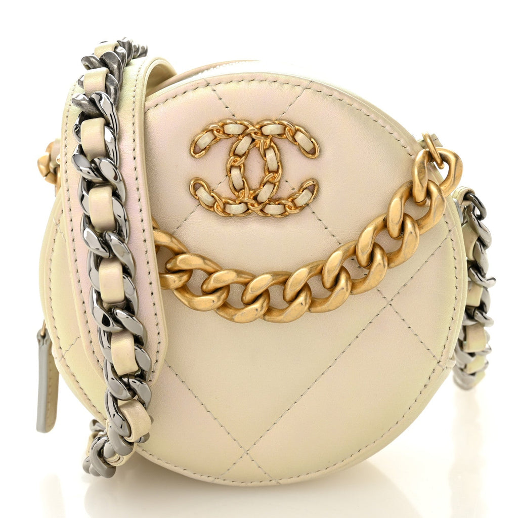 Iridescent Calfskin Quilted Chanel 19 Round Clutch With Chain White