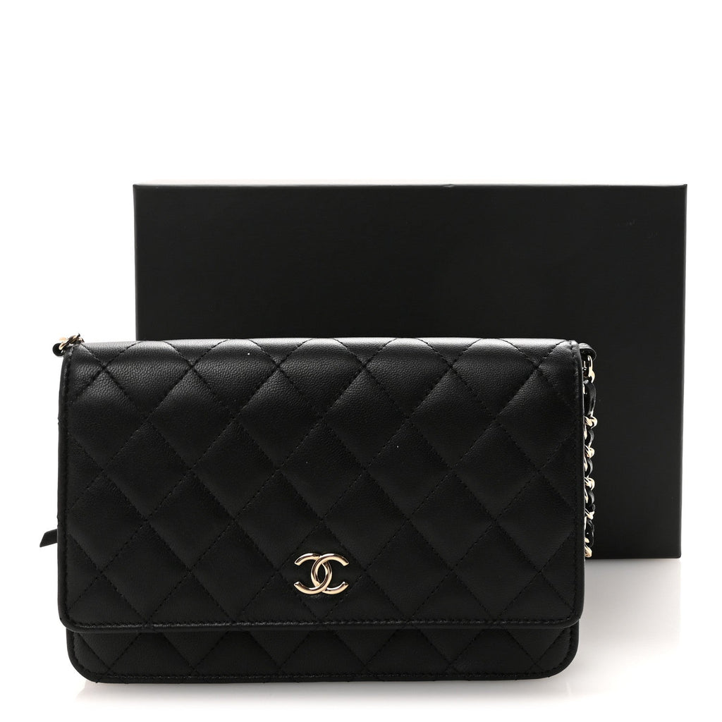 Lambskin Quilted Pearl Wallet On Chain WOC Black