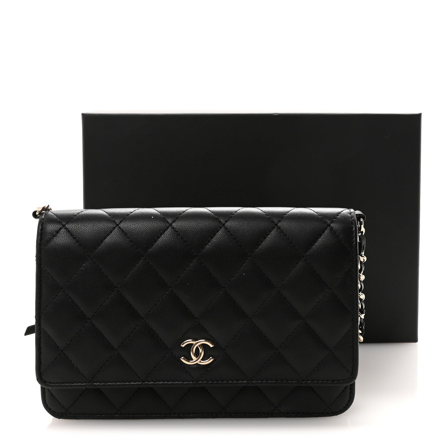 Lambskin Quilted Pearl Wallet On Chain WOC Black