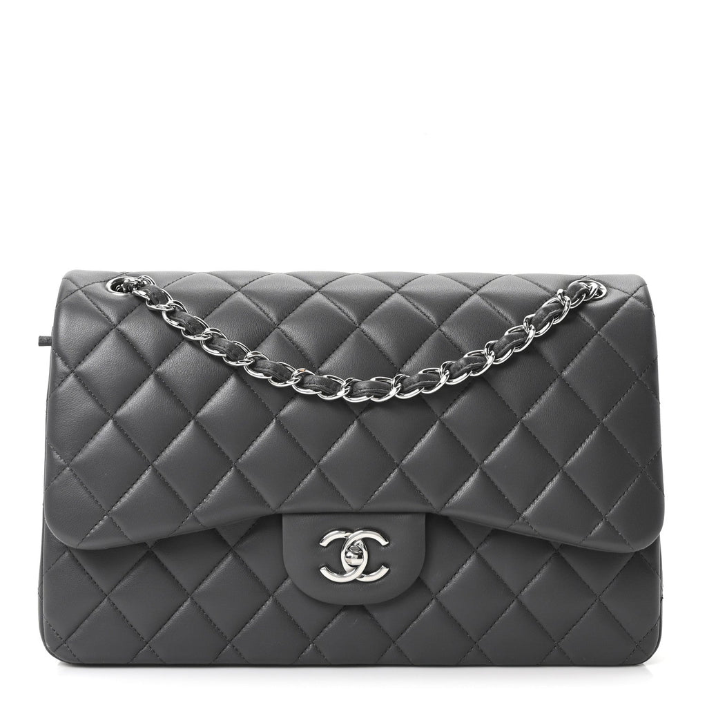 Lambskin Quilted Jumbo Double Flap Dark Grey