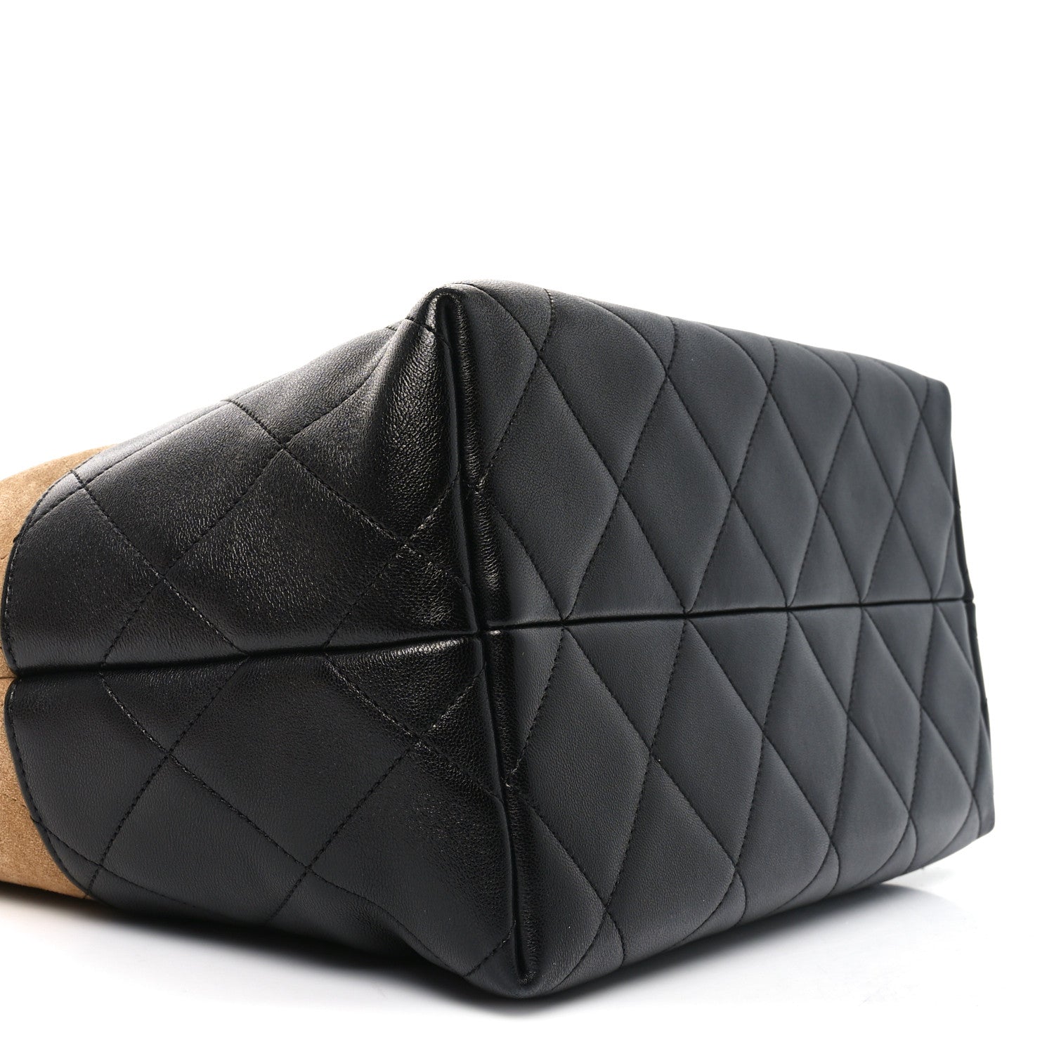 Suede Shiny Lambskin Quilted Large Shopping Bag Beige Black