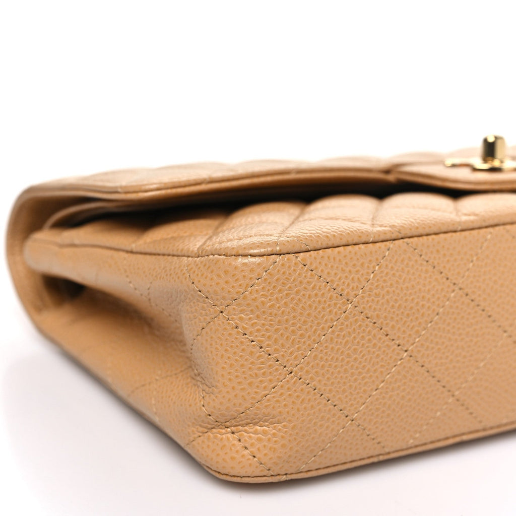 Caviar Quilted Medium Double Flap Beige