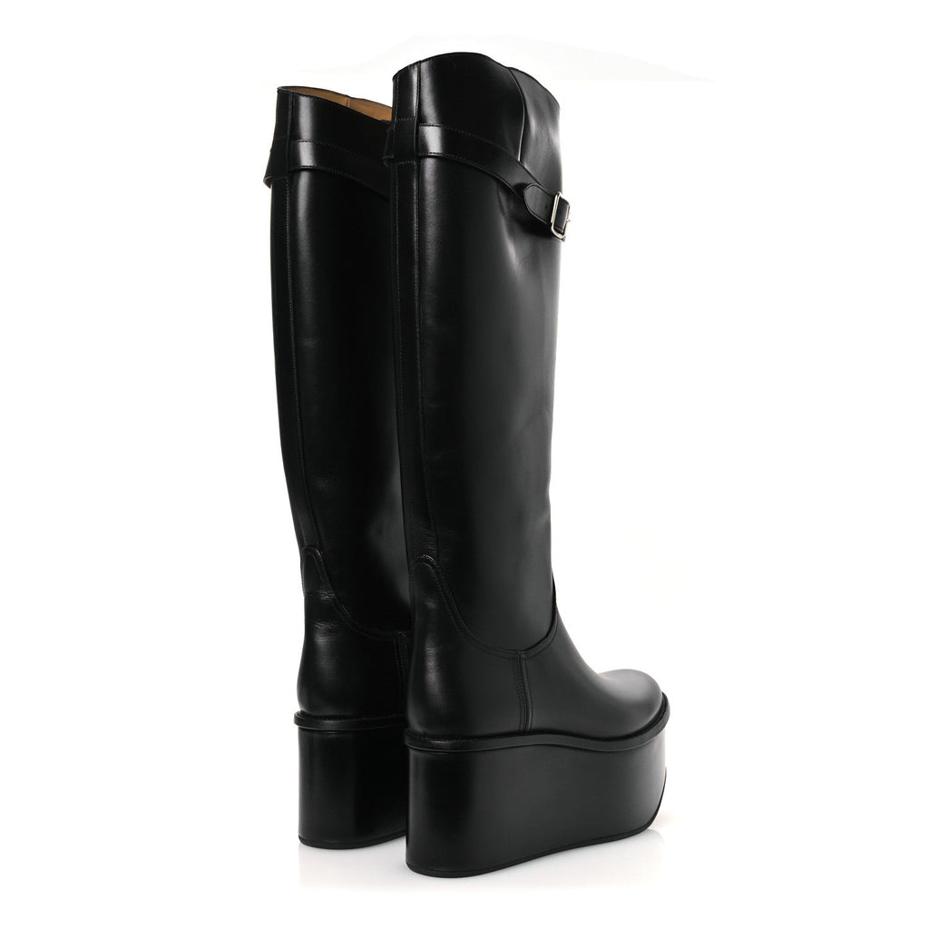 Calfskin Wedge Riding Boots 38 Black