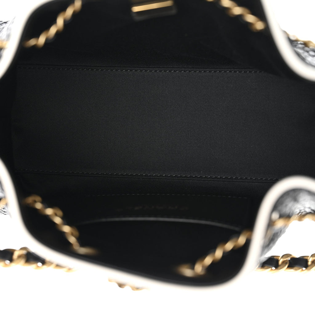 Braided Raffia Calfskin Quilted Mini Chanel 25 Handbag Black White