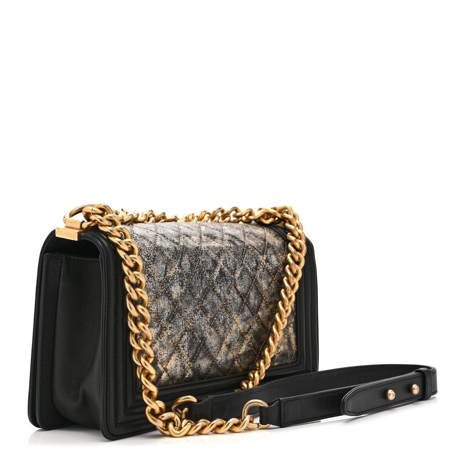 Metallic Crumpled Goatskin Medium Boy Flap Black Gold