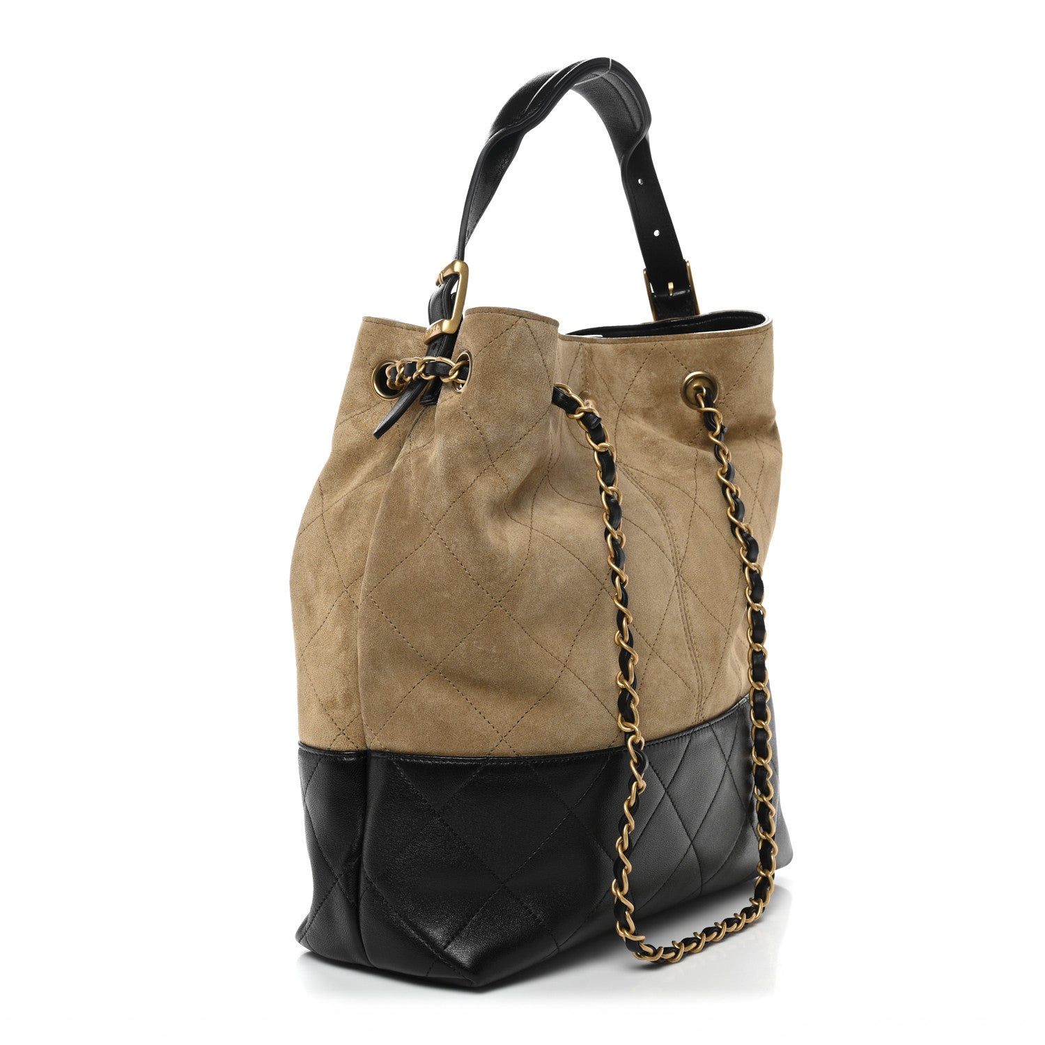 Suede Calfskin Shiny Lambskin Quilted Coco Base Shopping Bag Beige Black