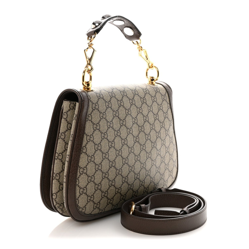GG Supreme Monogram Textured Dollar Calfskin Web Medium Blondie Top Handle Shoulder Flap Bag Beige Ebony New Acero