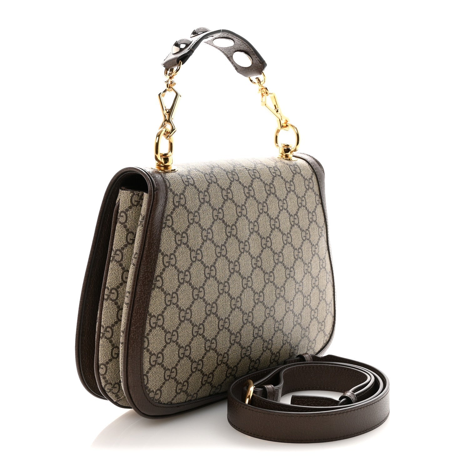GG Supreme Monogram Textured Dollar Calfskin Web Medium Blondie Top Handle Shoulder Flap Bag Beige Ebony New Acero