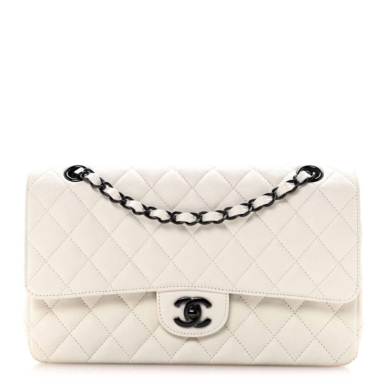 Crumpled Calfskin Quilted Medium Double Flap White