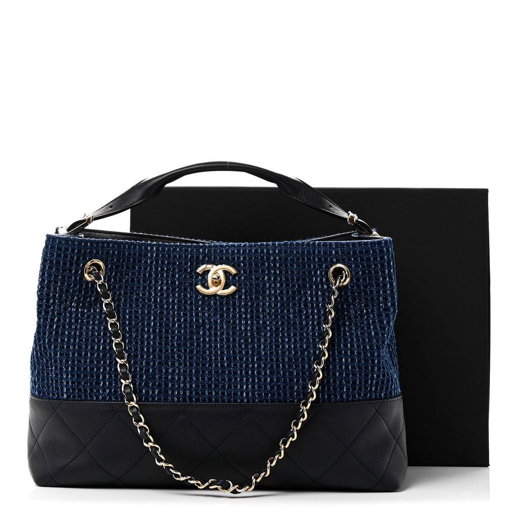 Tweed Shiny Lambskin Quilted Coco Base Small Shopping Bag Dark Blue