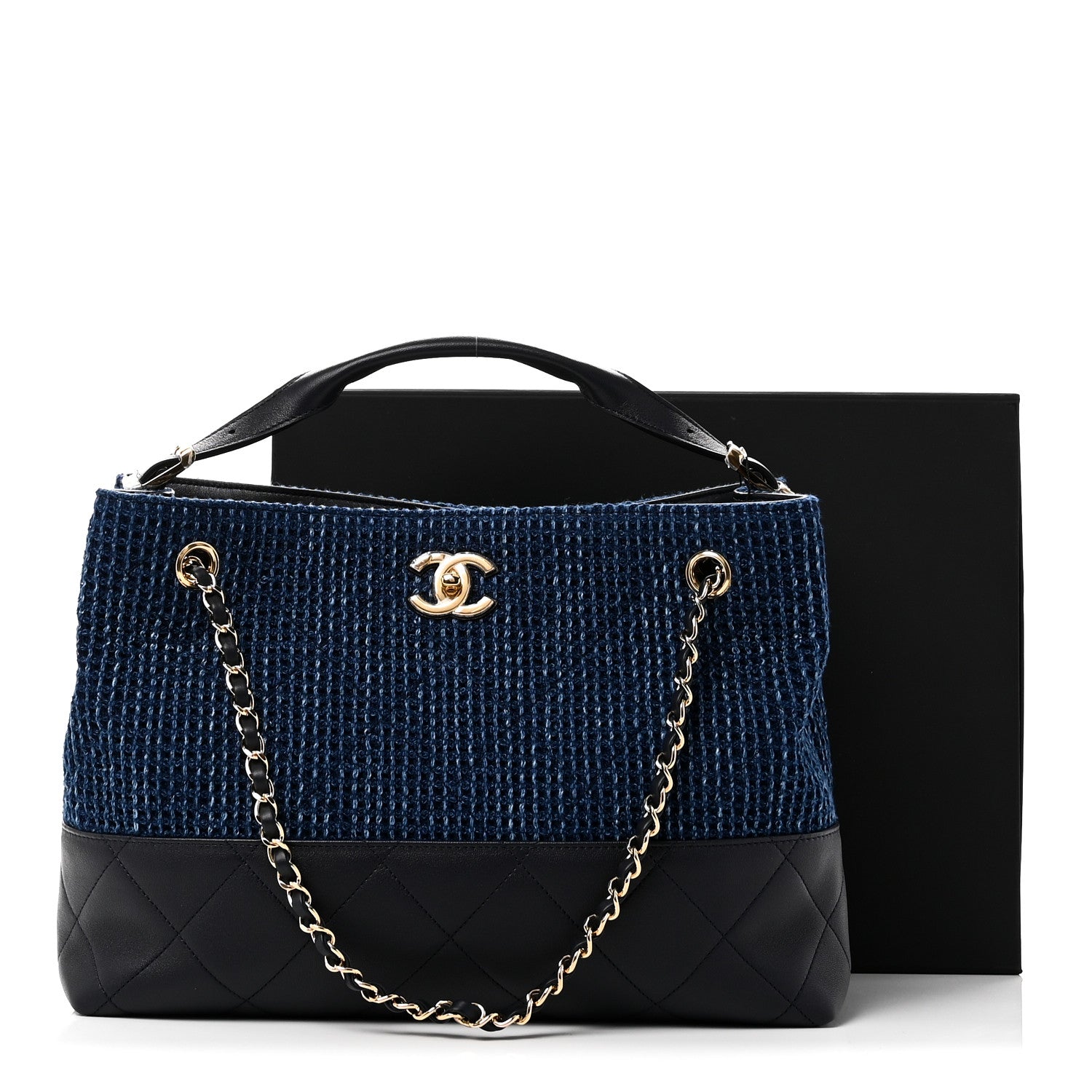Tweed Shiny Lambskin Quilted Coco Base Small Shopping Bag Dark Blue