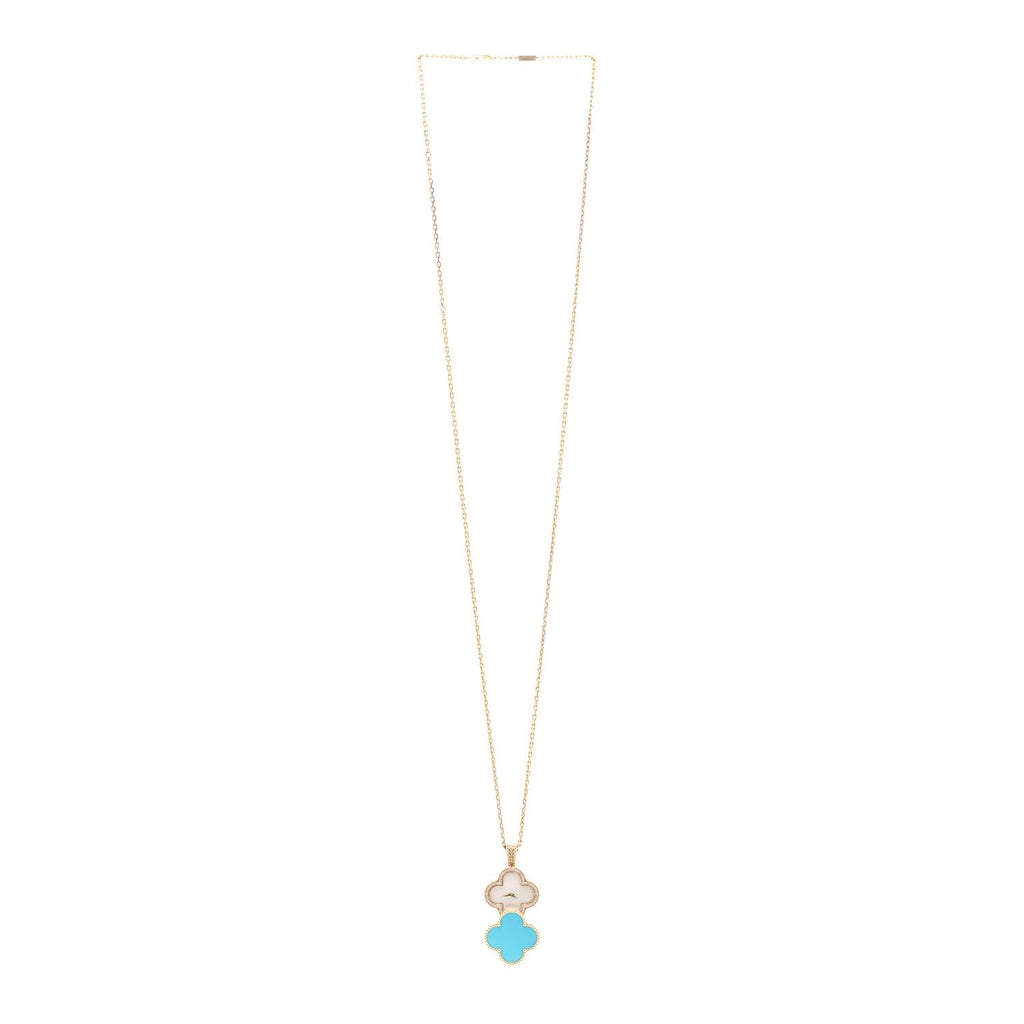 18K Yellow Gold Diamond Turquoise Mother of Pearl 28mm Alhambra Secret Pendant Quartz Watch