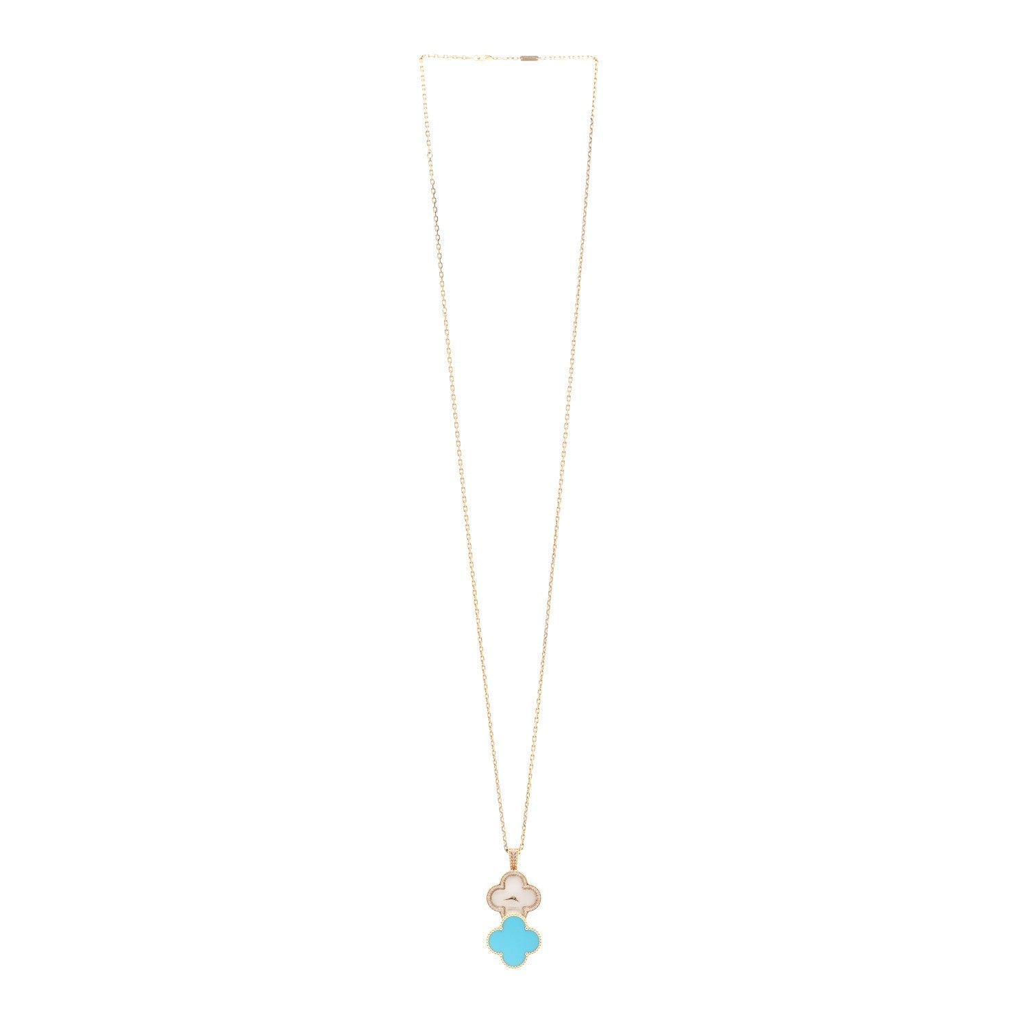 18K Yellow Gold Diamond Turquoise Mother of Pearl 28mm Alhambra Secret Pendant Quartz Watch