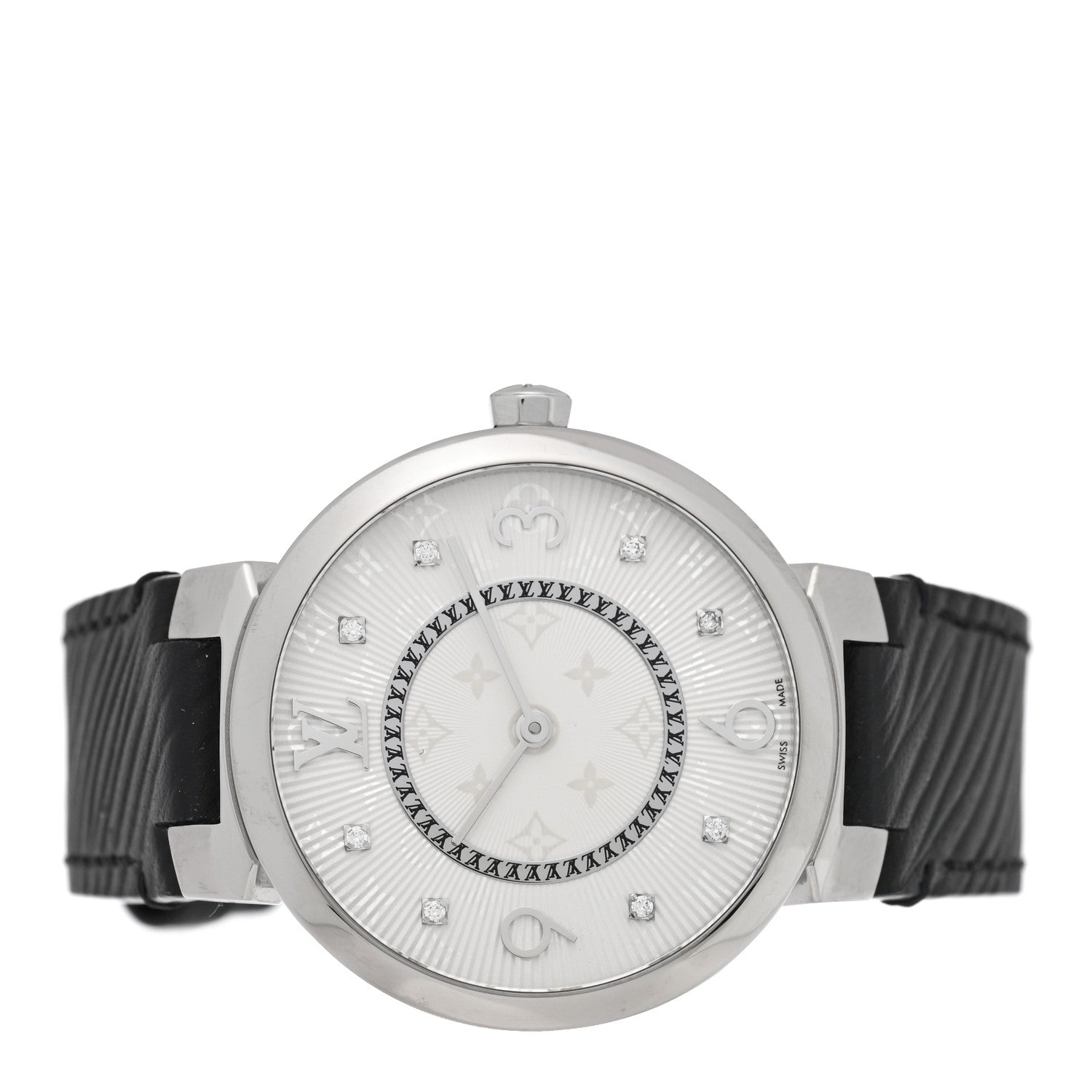Stainless Steel Epi Diamond 33mm Tambour Slim Quartz Watch Black