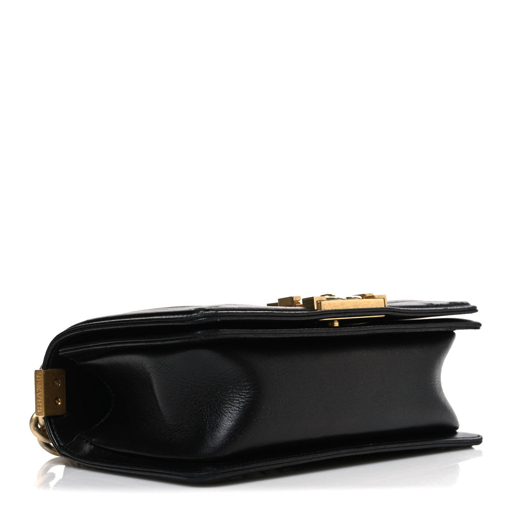 Lambskin Chevron Chain Stitched Small Boy Flap Black