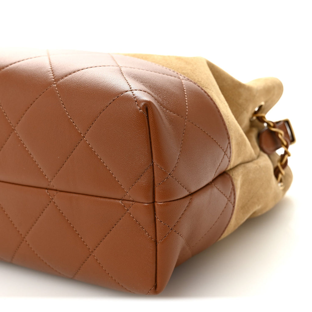 Suede Calfskin Shiny Lambskin Quilted Small Coco Base Shopping Bag Beige Brown