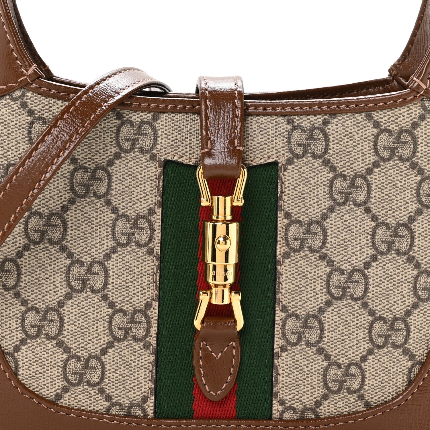 GG Supreme Monogram Azalea Calfskin Web Mini Jackie 1961 Hobo Beige Ebony Brown Sugar