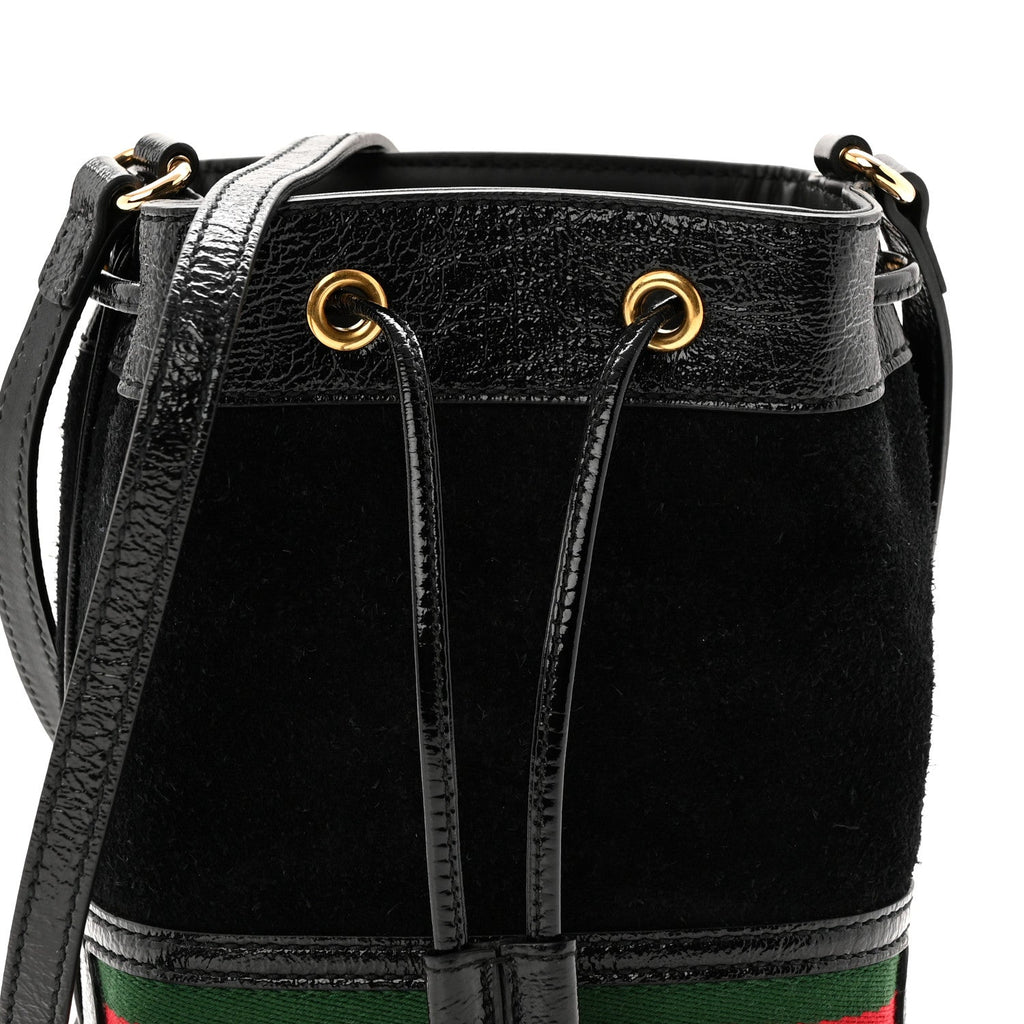 Suede Patent Web Mini Ophidia Bucket Bag Black