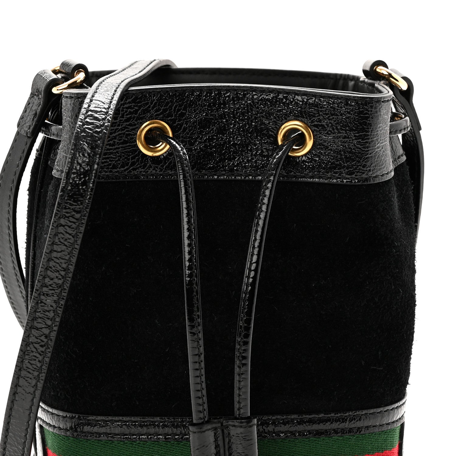 Suede Patent Web Mini Ophidia Bucket Bag Black