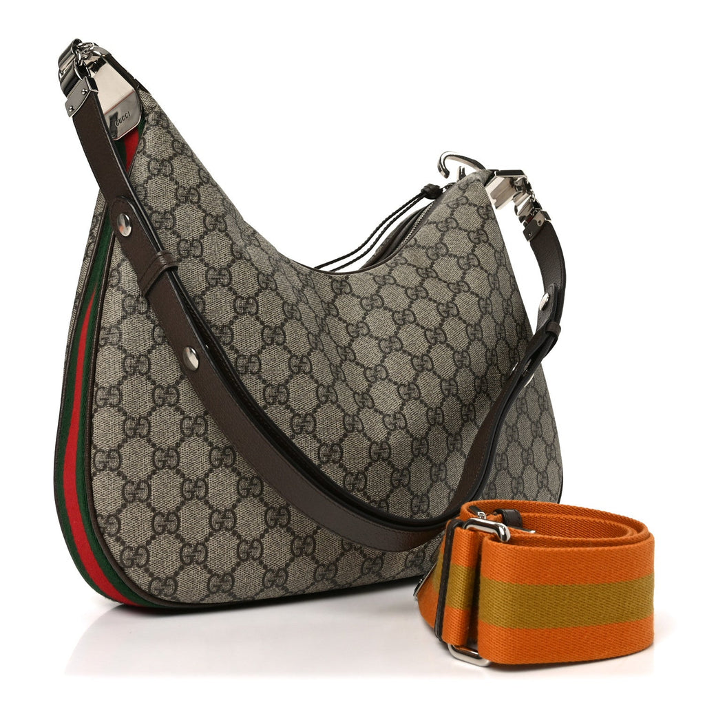 GG Supreme Monogram Textured Calfskin Web Large Attache Shoulder Bag Beige Ebony New Acero