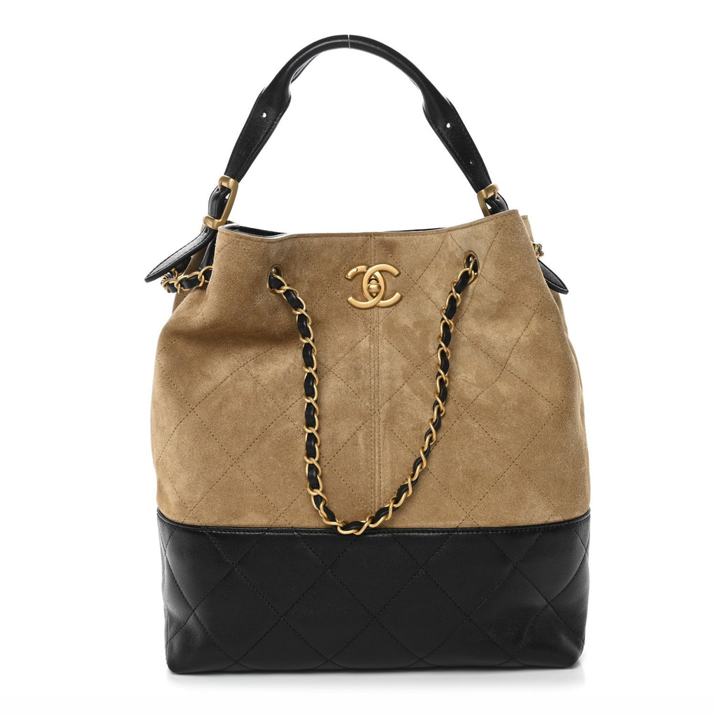 Suede Calfskin Shiny Lambskin Quilted Coco Base Shopping Bag Beige Black