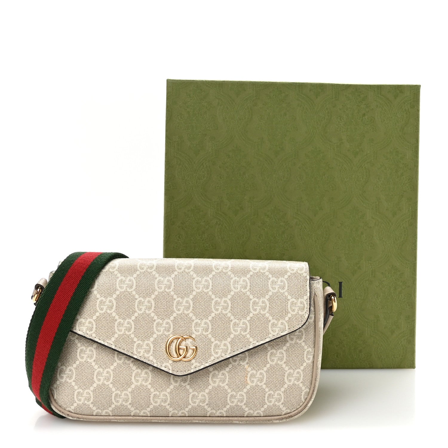 GG Supreme Monogram Textured Dollar Calfskin Web Mini Ophidia Envelope Shoulder Bag Beige Mystic White Oatmeal