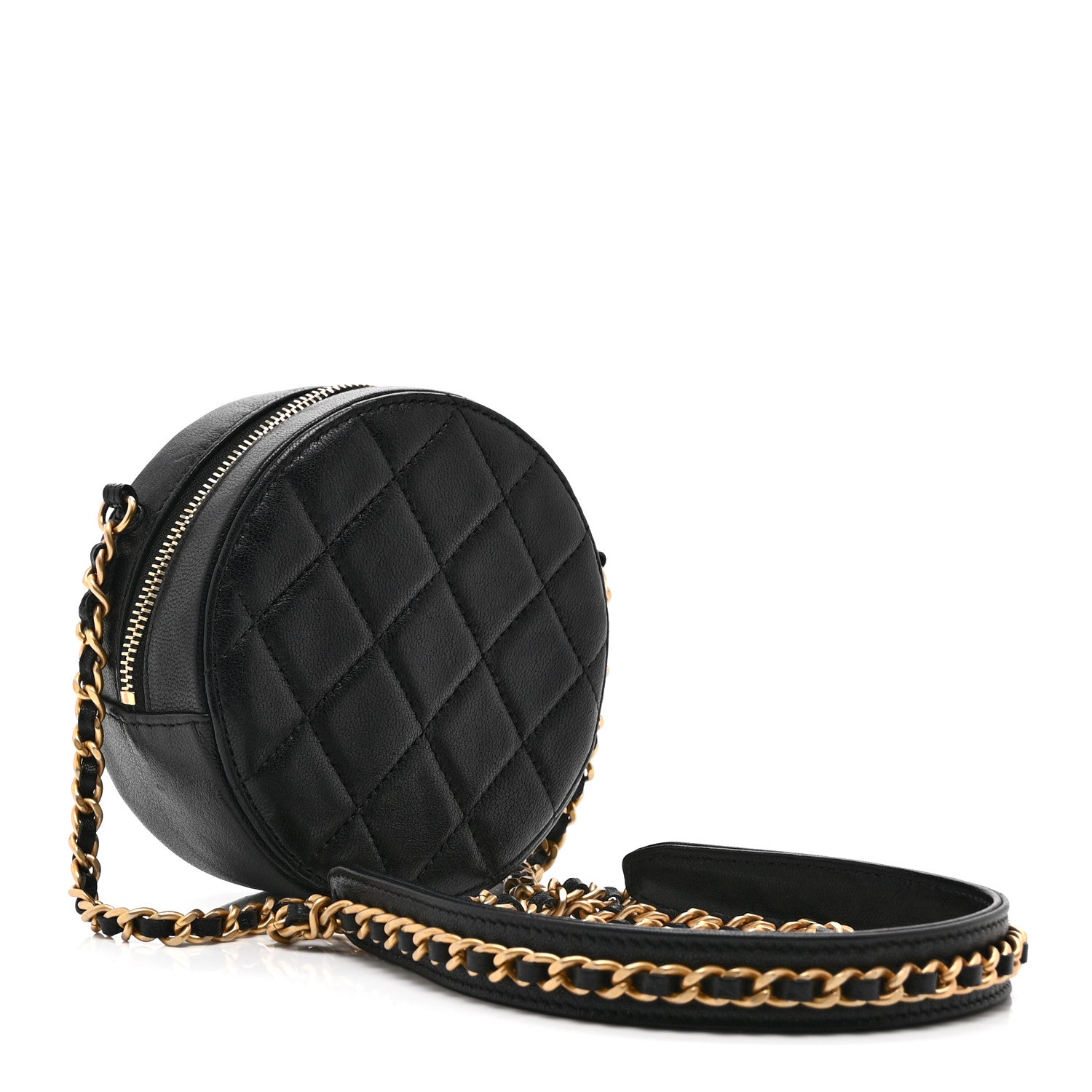 Goatskin Quilted Chanel 19 Round Clutch With Chain Black