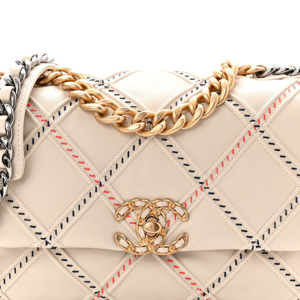 Lambskin Mixed Fibers Quilted Medium Chanel 19 Flap Beige