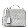 Metallic Caviar Quilted Large CC Filigree Vanity Case Silver
