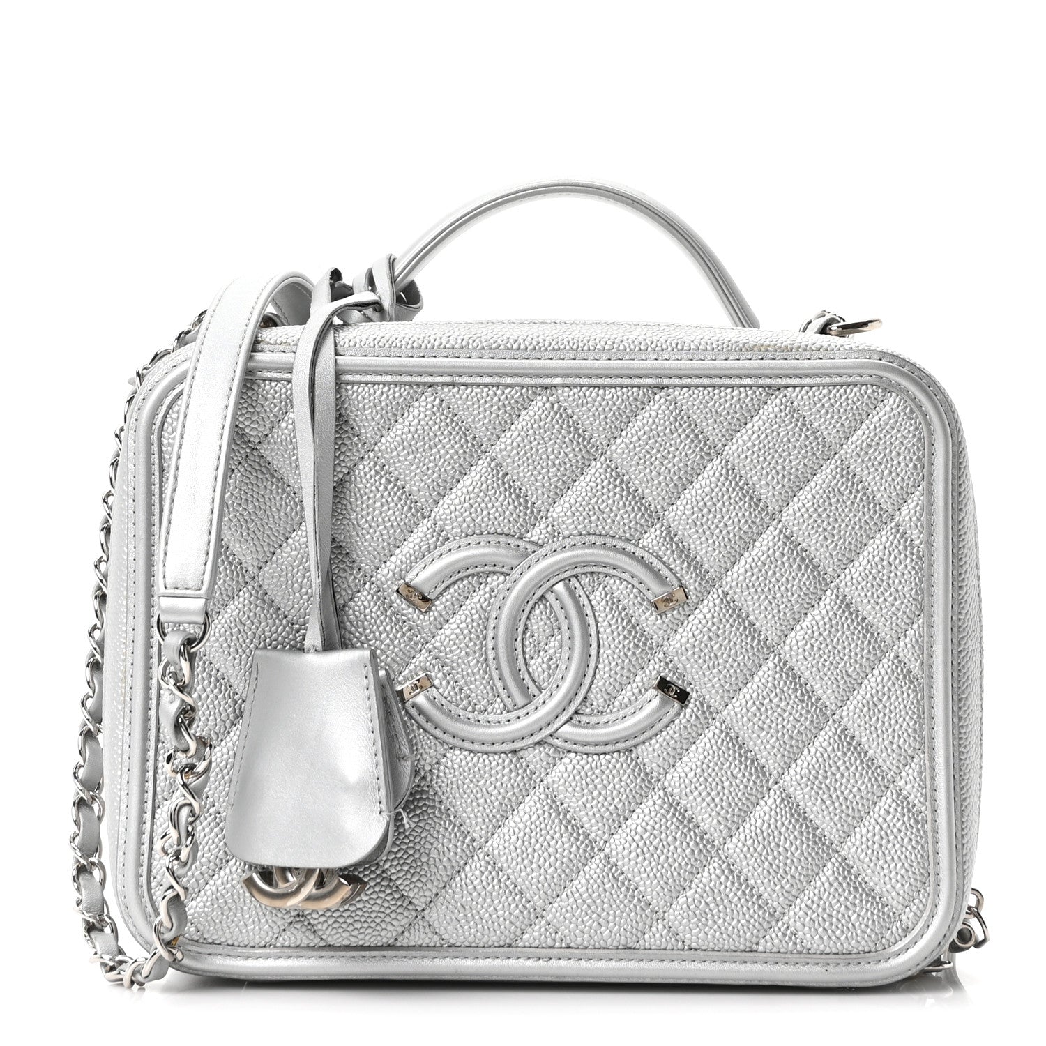Metallic Caviar Quilted Large CC Filigree Vanity Case Silver