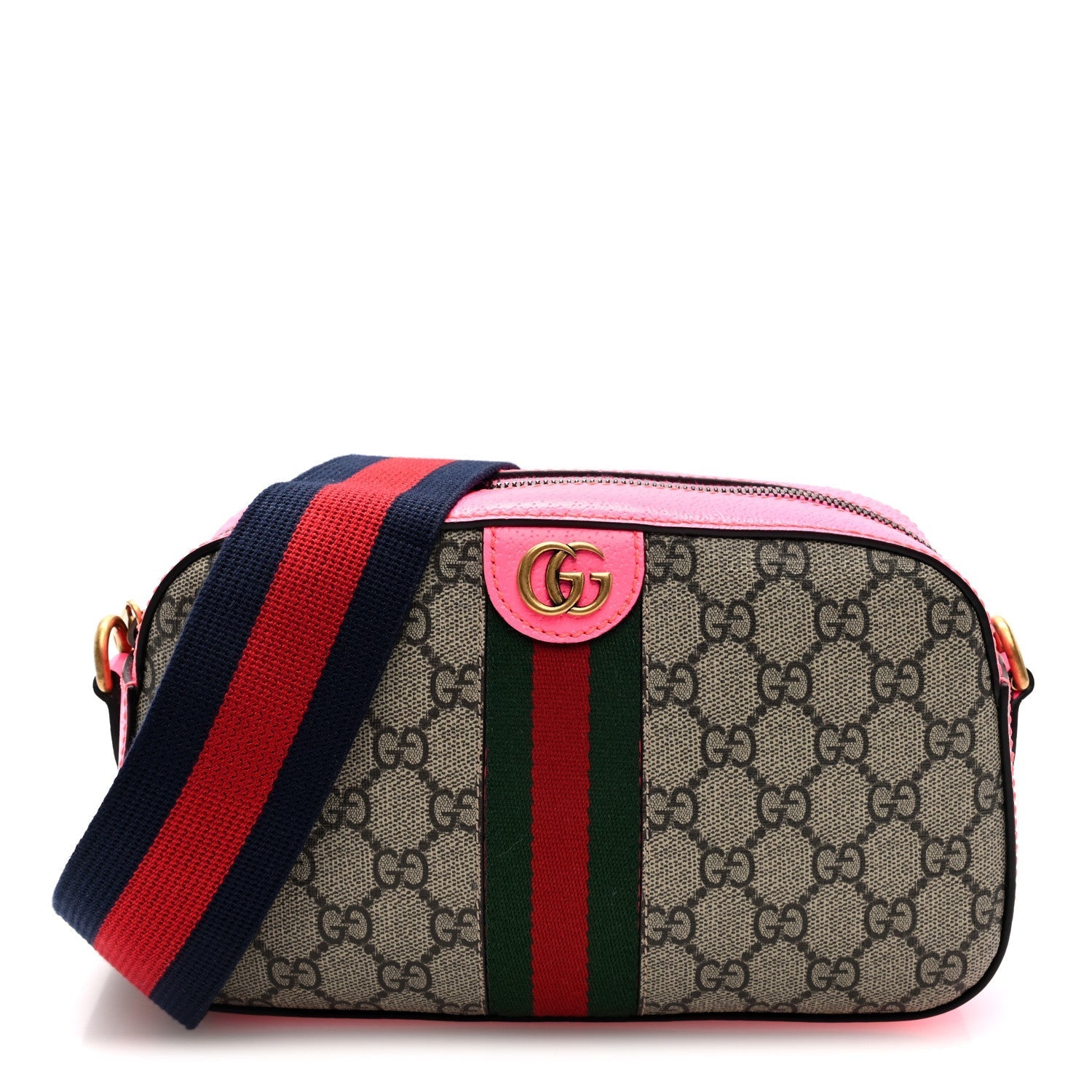 GG Supreme Monogram Textured Dollar Calfskin Web Ophidia Small Crossbody Bag Beige Ebony Fuchsia