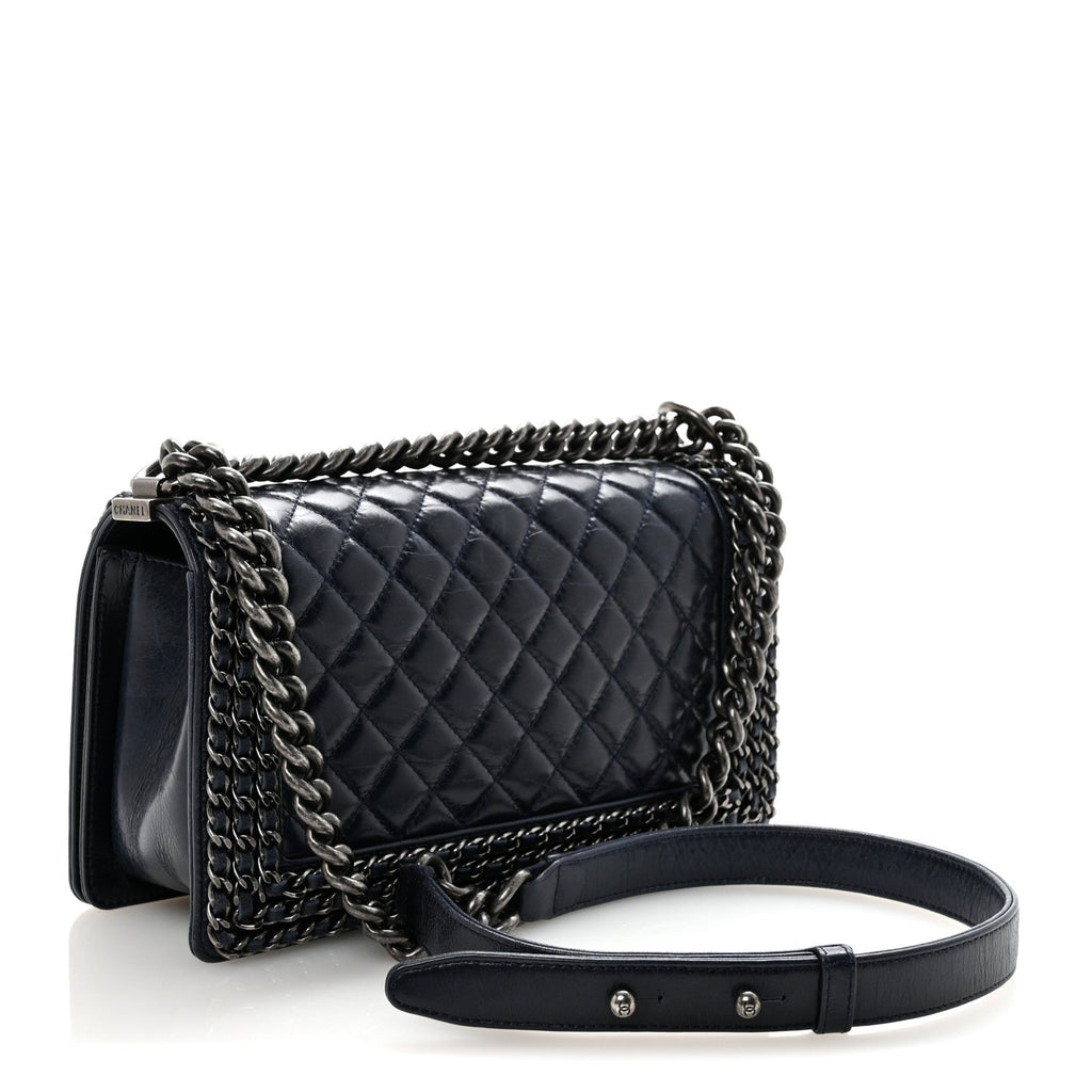 Glazed Calfskin Quilted Medium Boy Chained Flap Blue