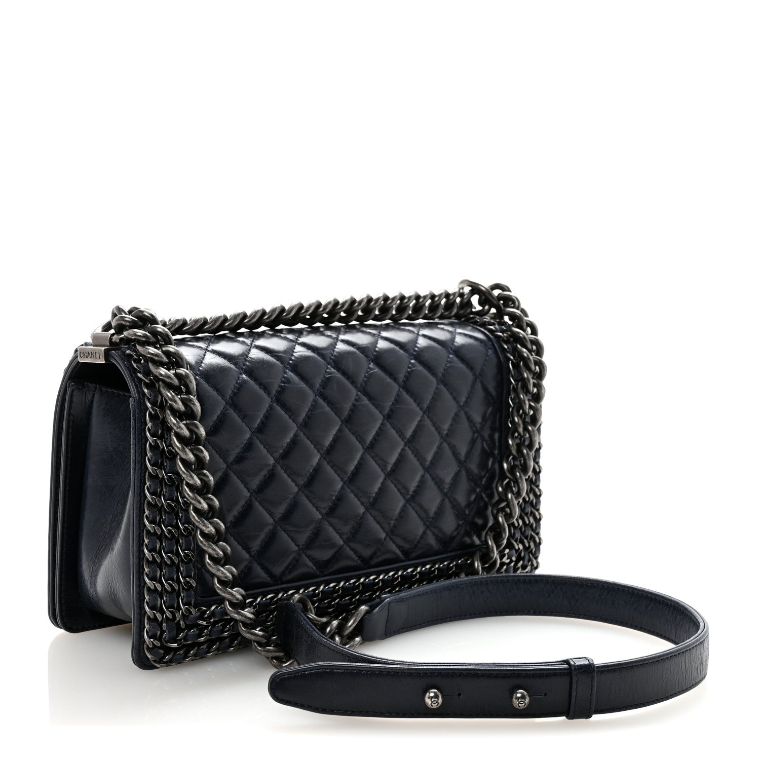 Glazed Calfskin Quilted Medium Boy Chained Flap Blue