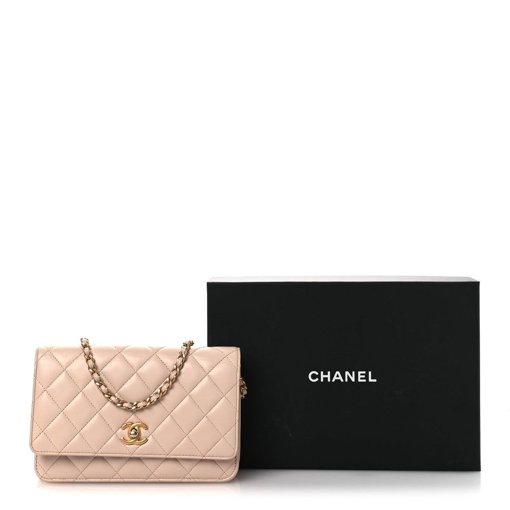 Lambskin Quilted CC Pearl Crush Wallet on Chain WOC Light Pink